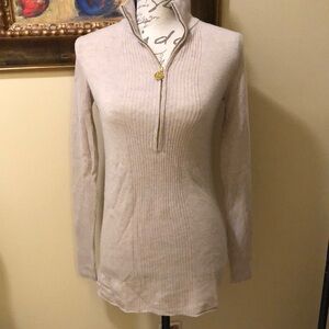 💛 Tory Burch soft wool cashmere blend ribbed partial zipper logo pull tunic
